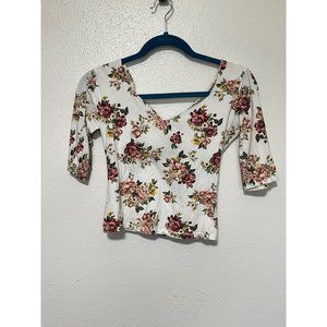 Bershka Crop Top Off White with Multi Floral V Neck Womans Size M